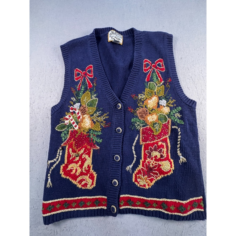VTG Heirloom Collectibles Ugly Christmas Vest Sweater Womens L Blue Button Front